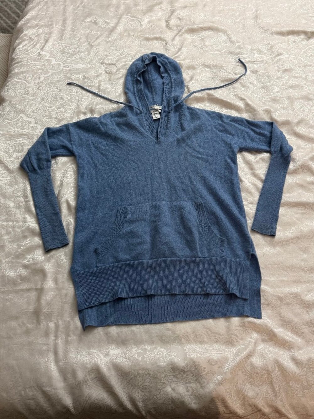 MAX STUDIO 100% Cashmere Hooded Pullover Sweater Blue Hi-Lo Hem Ribbed Cuffs